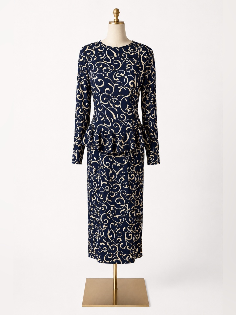 Argenti Vintage Blue Scroll Print Peplum Dress Women’s Size 8 Long Sleeve Midi